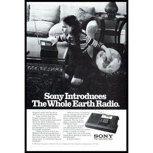 1980 Sony Whole Earth Radio ICF-2001 Vintage Print Ad Globe World Daughter Art
